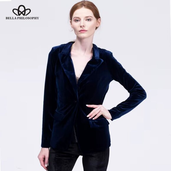 NEW! BLUE PLUSH VELVET BLAZER JACKET - Picture 2 of 5